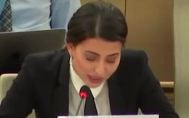 Former Miss Iraq Sarah Idan speaks at the UN Human Rights Council in Geneva on July 2, 2019. (Screen capture: YouTube)